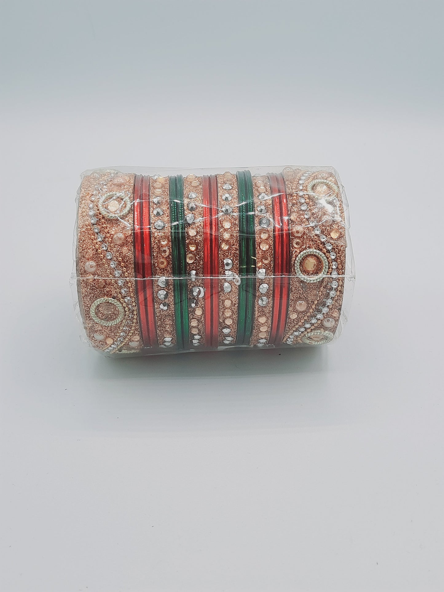 Bangles size 2.60 dia in green and red bangles mixed with golden kadas - NATASHAHS