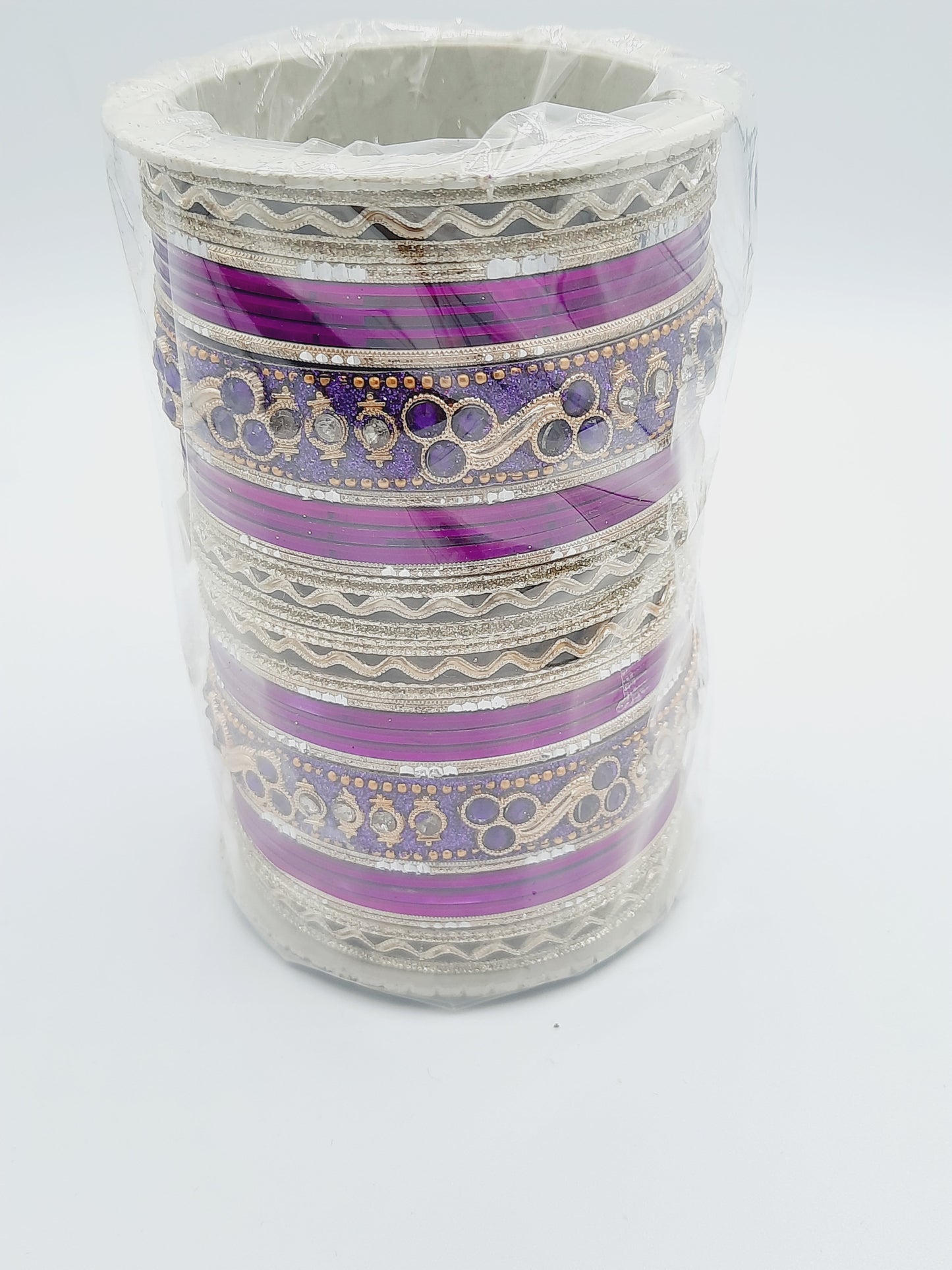 Bangles size 2.40 dia in shade of shiny purple glass bangles adorned with golden embellished kadas with purple embellishments - NATASHAHS