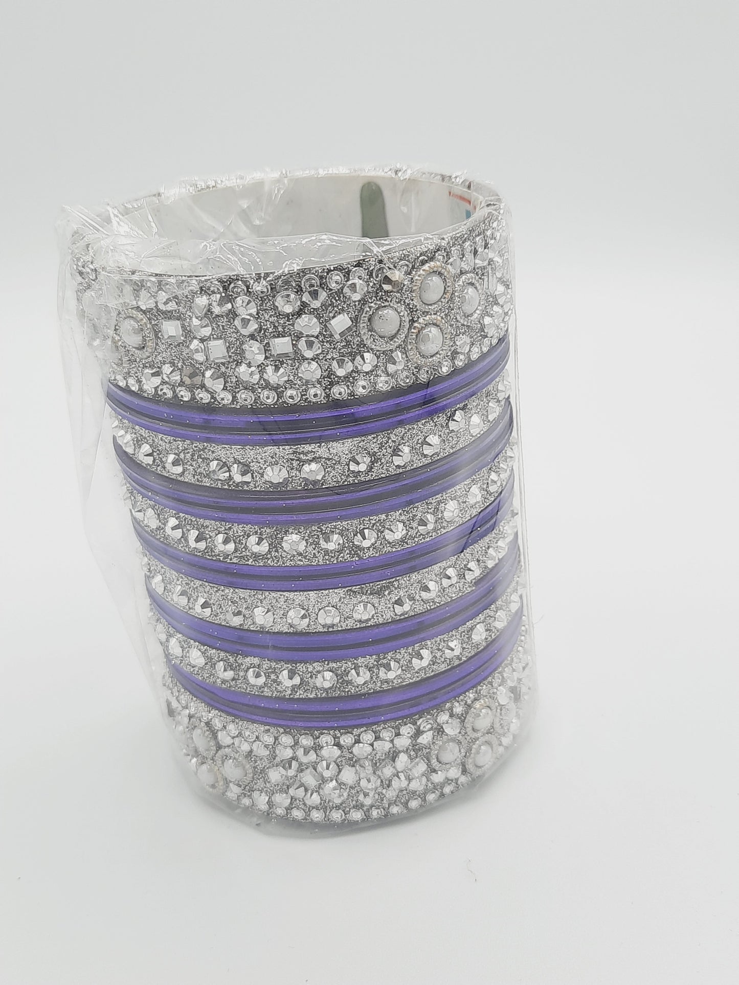 Bangles size 2.65 dia in shade of shiny purple glass bangles adorned with silver embellished kadas with silver embellishments - NATASHAHS