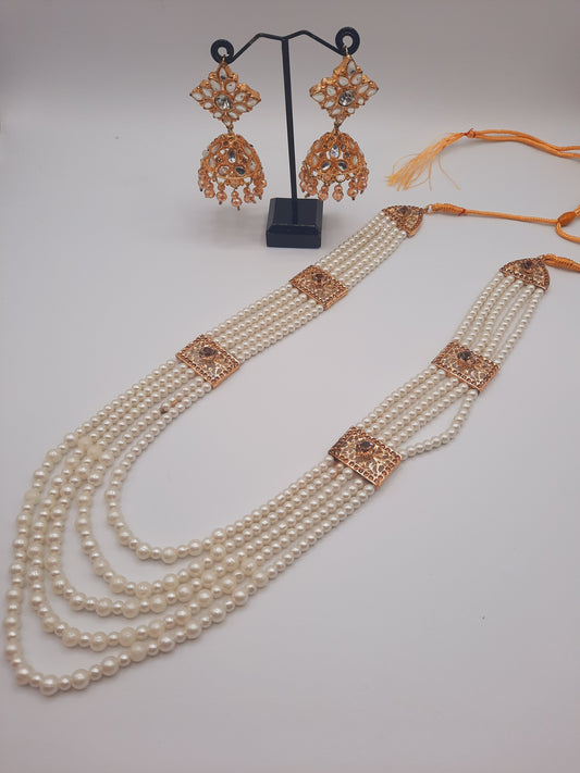 Nauratan style pure white maala with gold plated kundan jhumkas - NATASHAHS