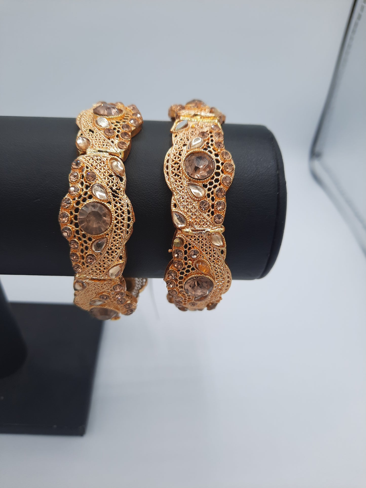 Adjustable bangles openable bangles pair of 2 bangles in golden and rose gold tinge with champagne color stones - NATASHAHS