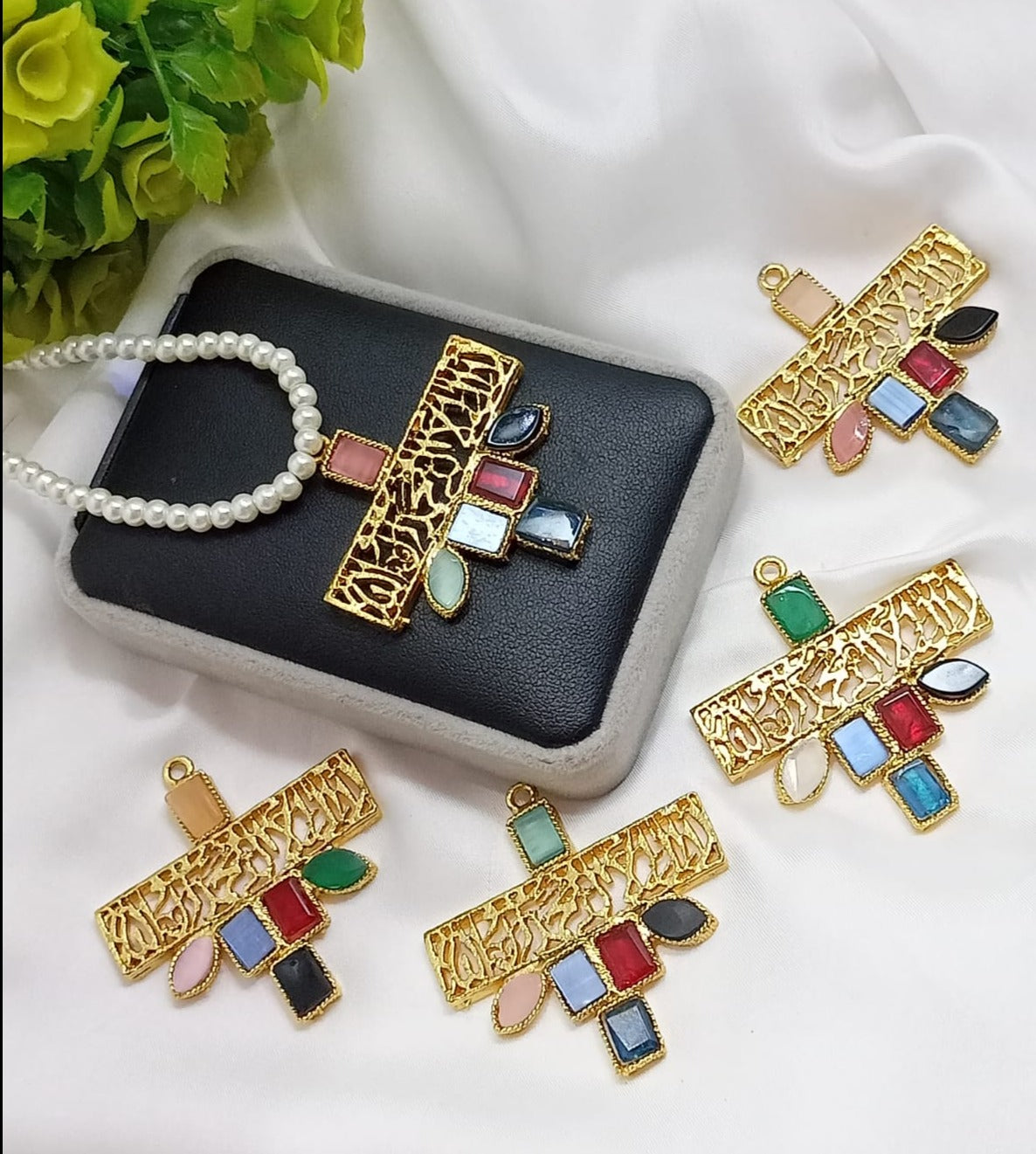 kalima calligraphy pendant with pearl necklace and semi precious stones - NATASHAHS