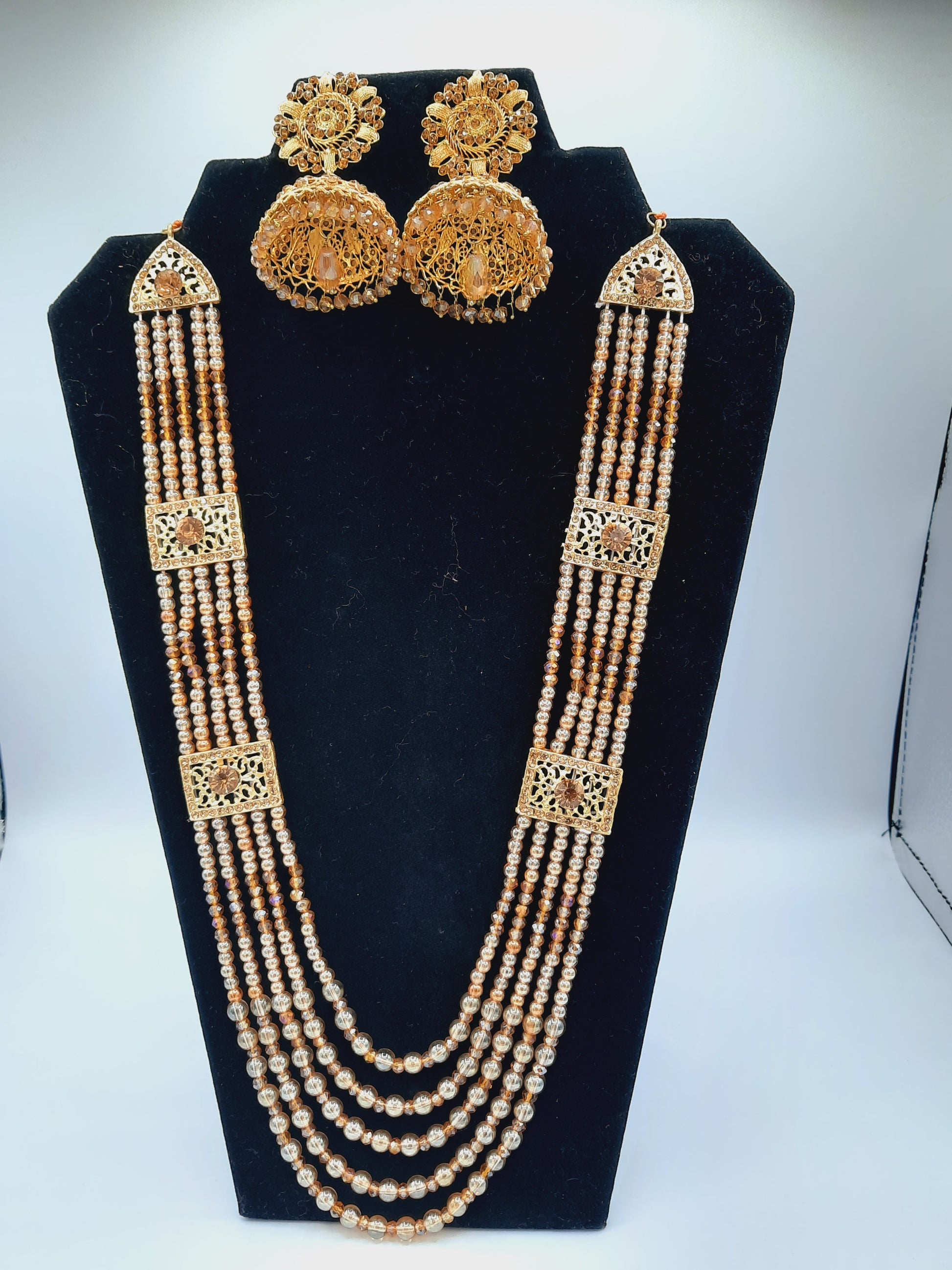 Champagne color long necklace or maala with 24k gold plated jhumka - NATASHAHS