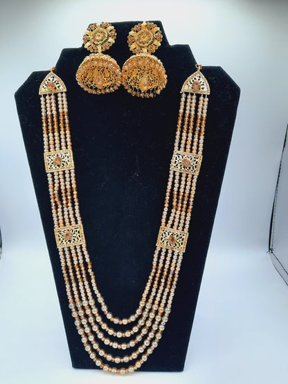 Champagne color long necklace or maala with 24k gold plated jhumka - NATASHAHS