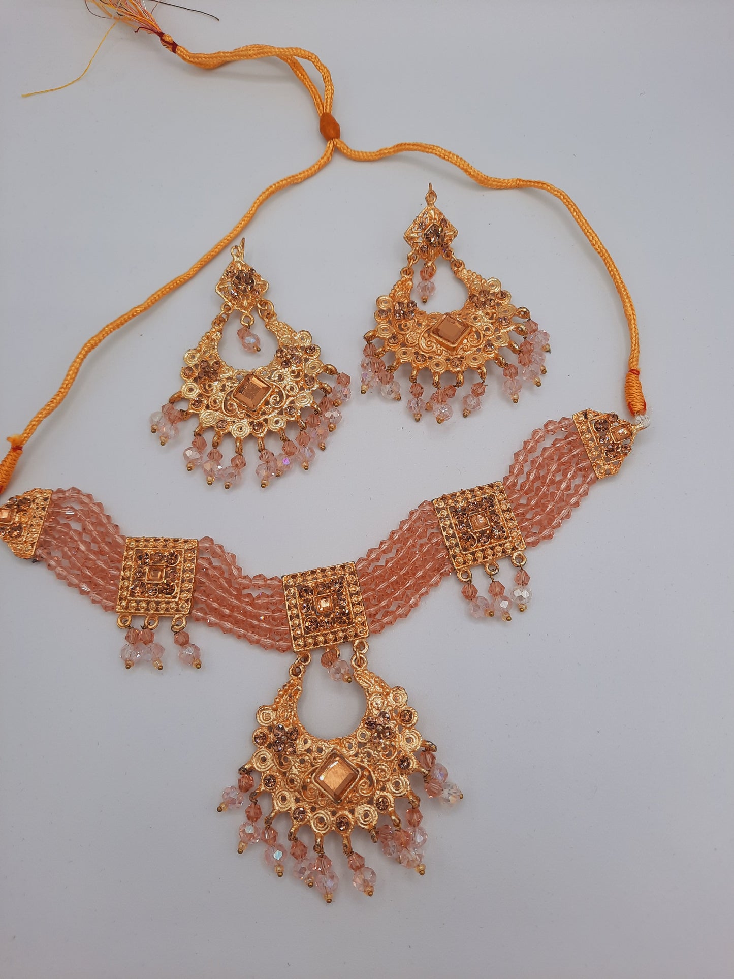 Pink guluband choker with earrings and teeka - NATASHAHS