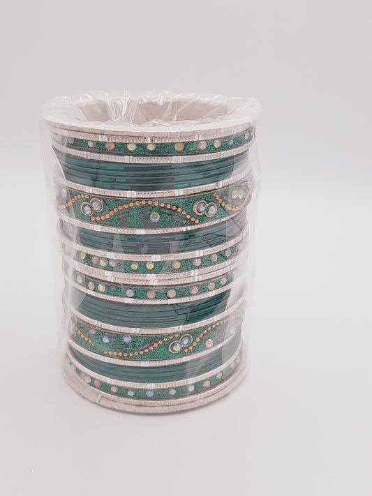 Bangles size 2.40 diameter in green and silver bangles adorned with sequins and pearls work on kadas - NATASHAHS