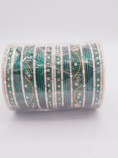 Bangles size 2.40 diameter in green and silver bangles adorned with sequins and pearls work on kadas - NATASHAHS