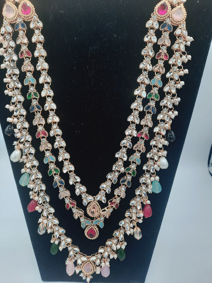 Long maala necklace with multicolor beads and kundan - NATASHAHS