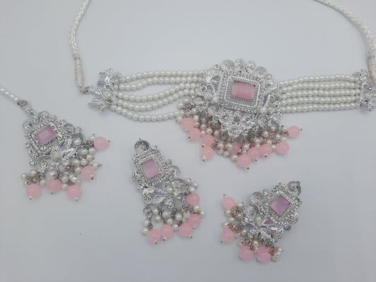 Anarkali Zircon choker set with guluband earrings and teeka in pink color in silver tone - NATASHAHS