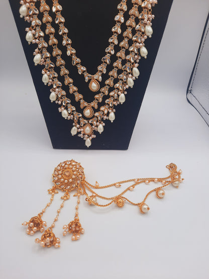 White long maala necklace with pearls and kundanand mughal earrings - NATASHAHS
