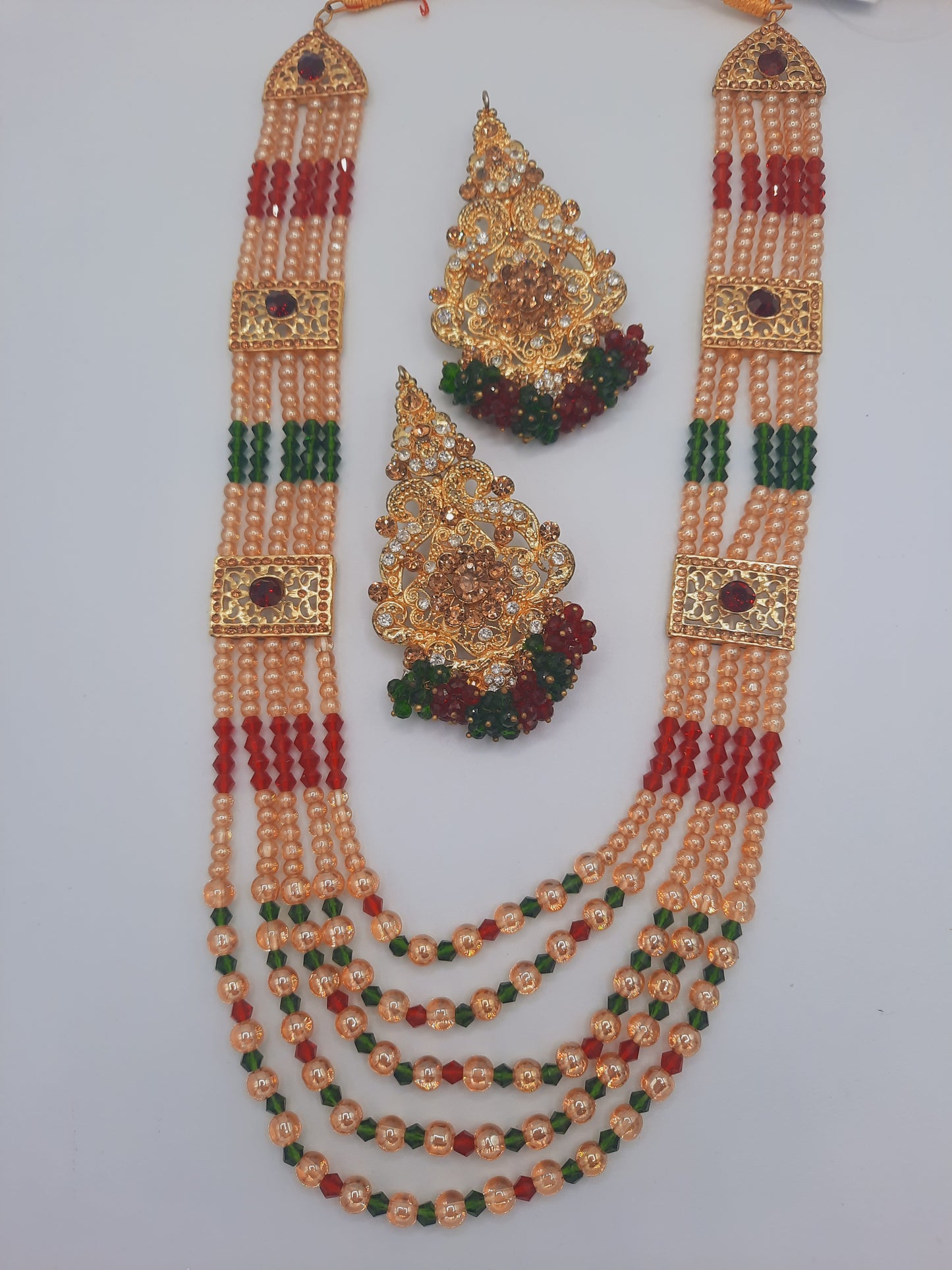 Hyderabadi style Red & Green jewelry set with maala long necklace - NATASHAHS