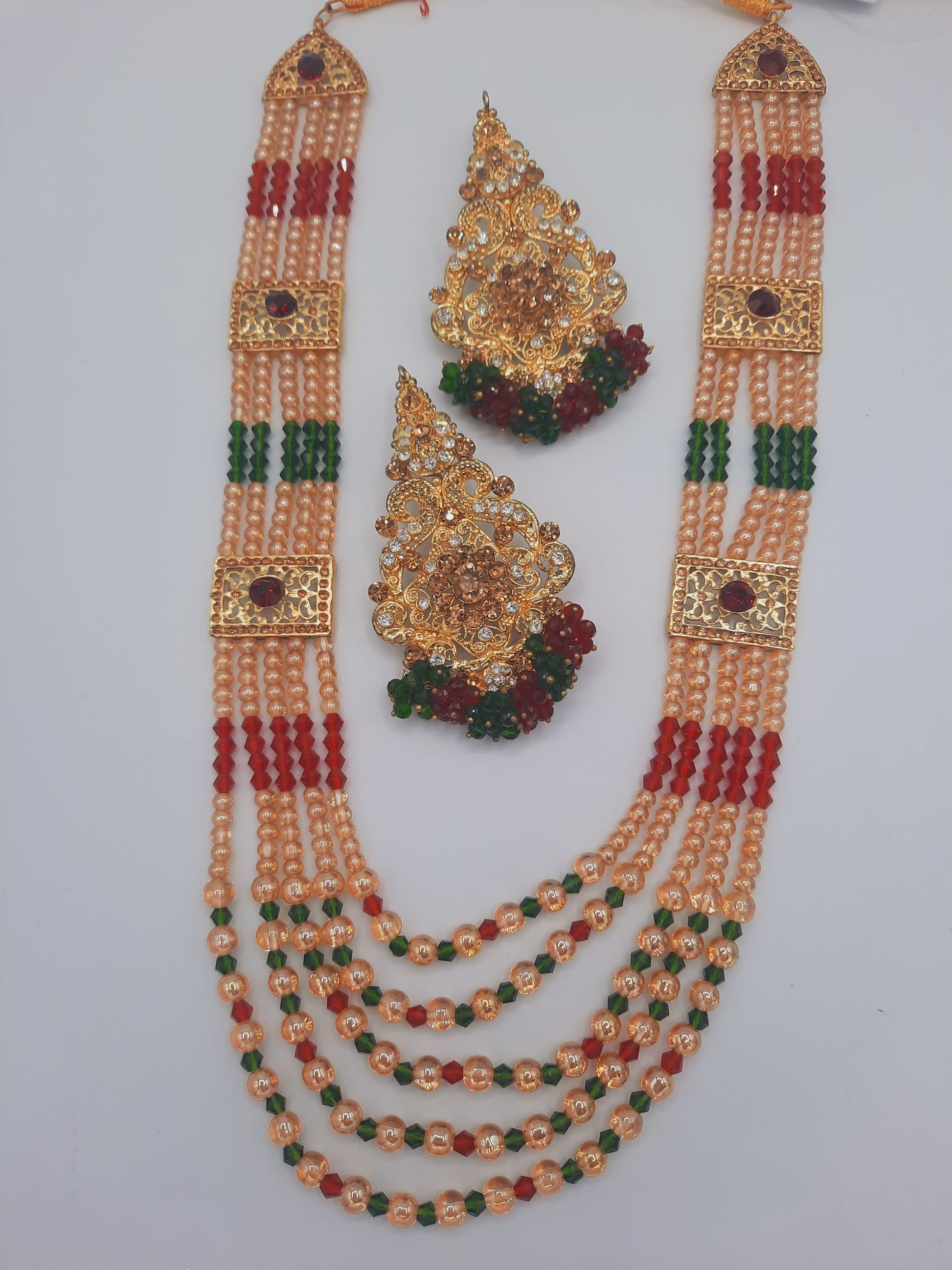 Hyderabadi style Red & Green jewelry set with maala long necklace - NATASHAHS