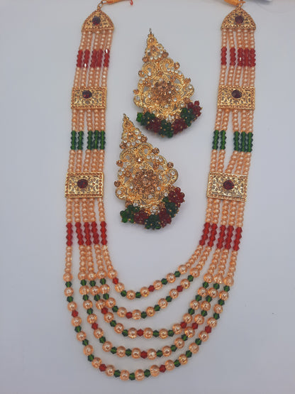 Hyderabadi style Red & Green jewelry set with maala long necklace - NATASHAHS