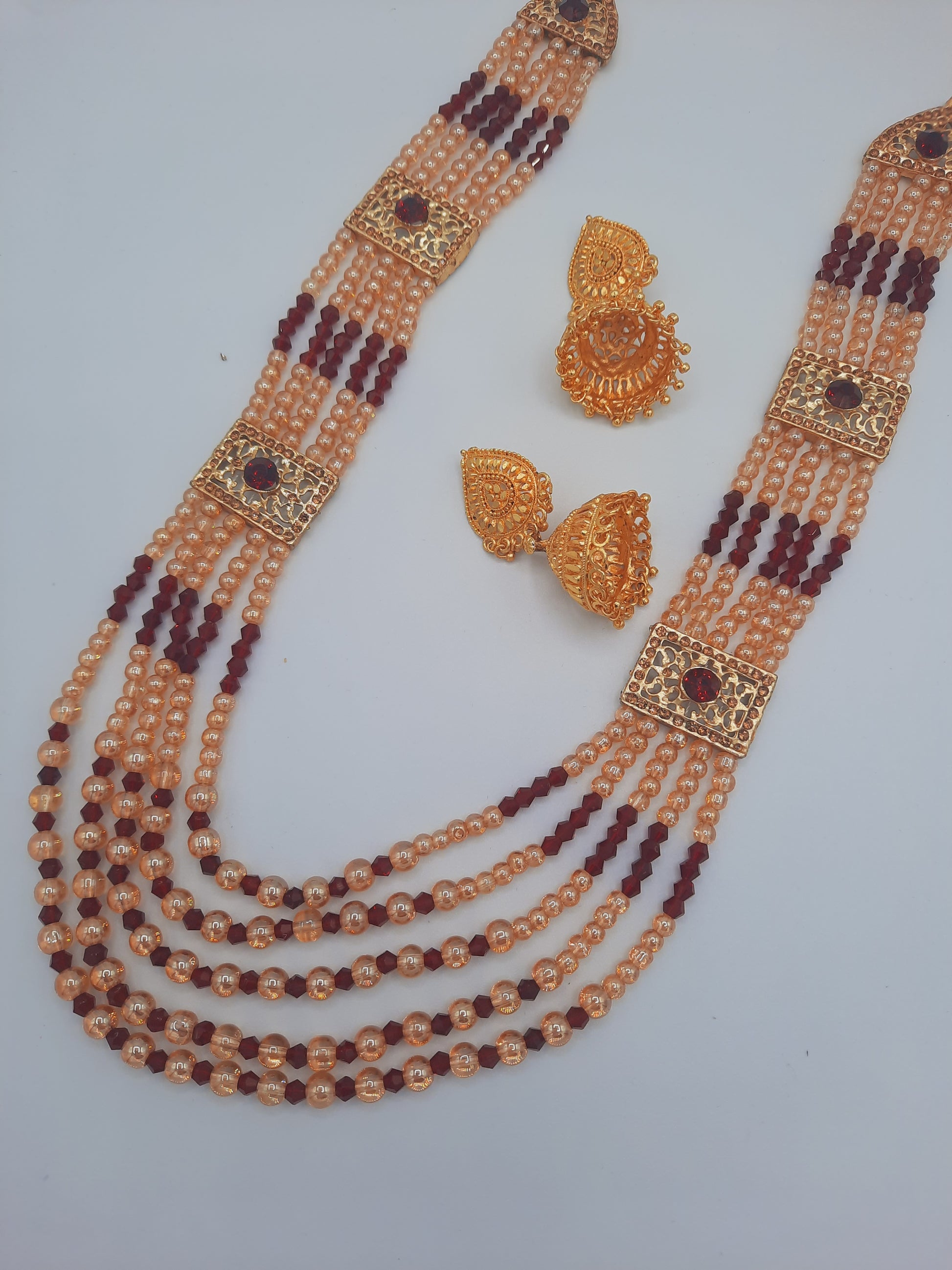 Hyderabadi style maroon and Red maala with imitation gold jhumkas - NATASHAHS
