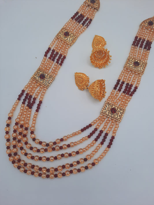 Hyderabadi style maroon and Red maala with imitation gold jhumkas - NATASHAHS