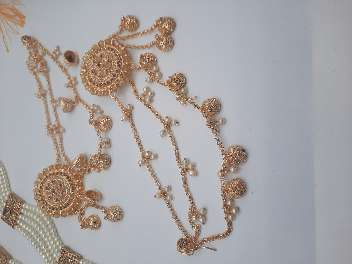 White long maala necklace with white pearls and Kundan Bali with chain and Devdas jhumkas - NATASHAHS