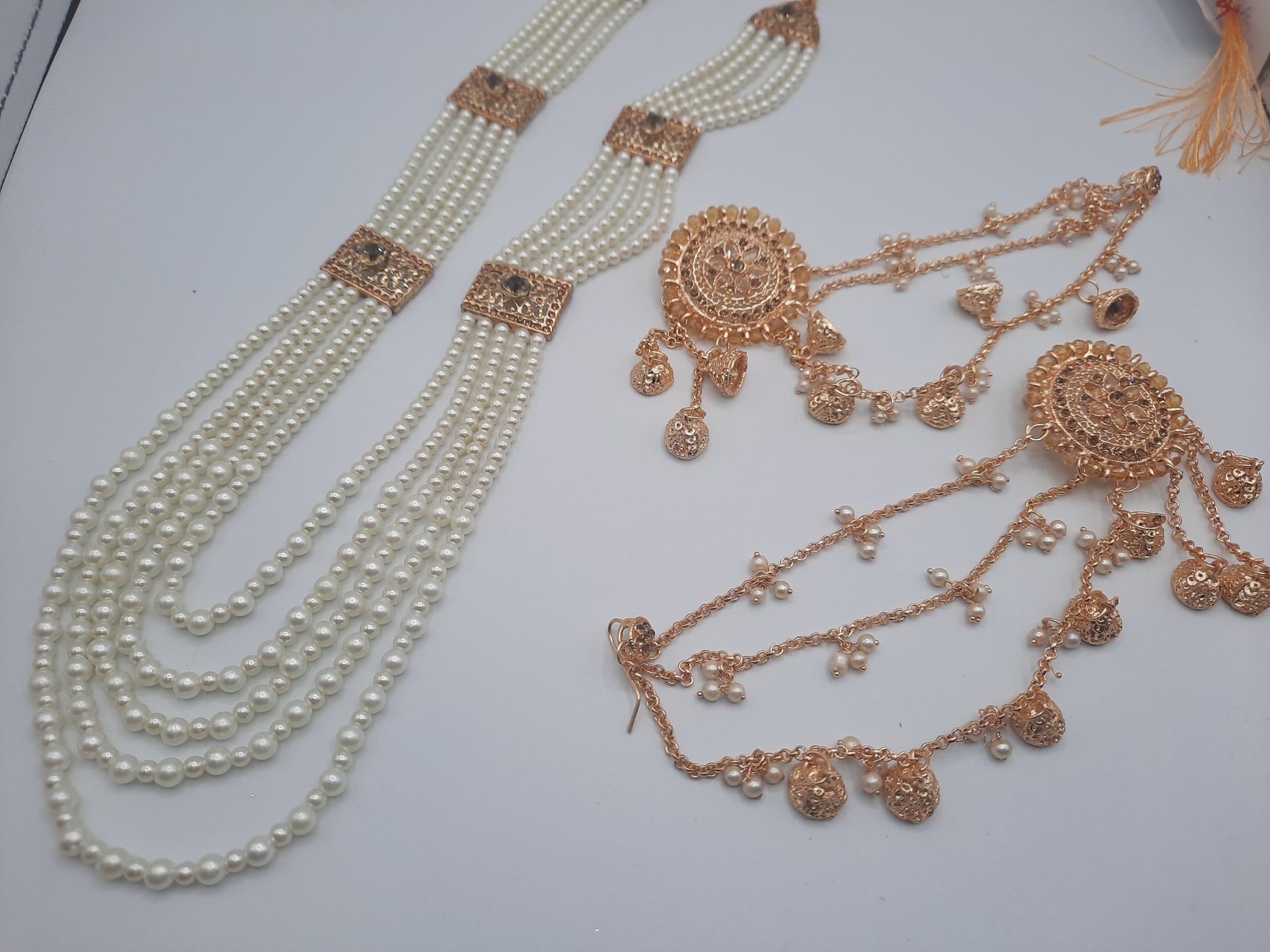 White long maala necklace with white pearls and Kundan Bali with chain and Devdas jhumkas - NATASHAHS