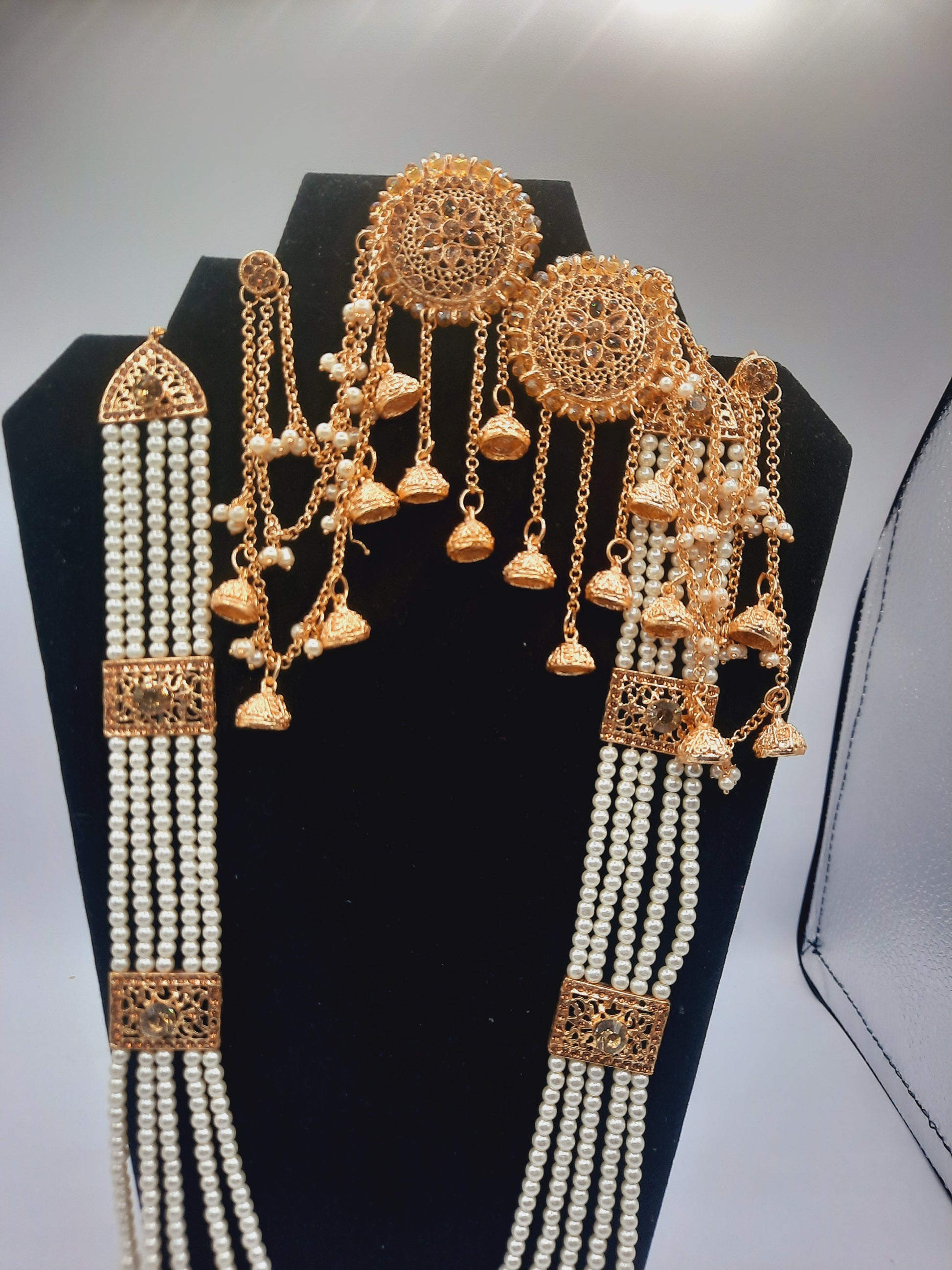 White long maala necklace with white pearls and Kundan Bali with chain and Devdas jhumkas - NATASHAHS
