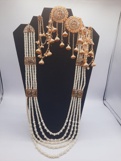 White long maala necklace with white pearls and Kundan Bali with chain and Devdas jhumkas - NATASHAHS
