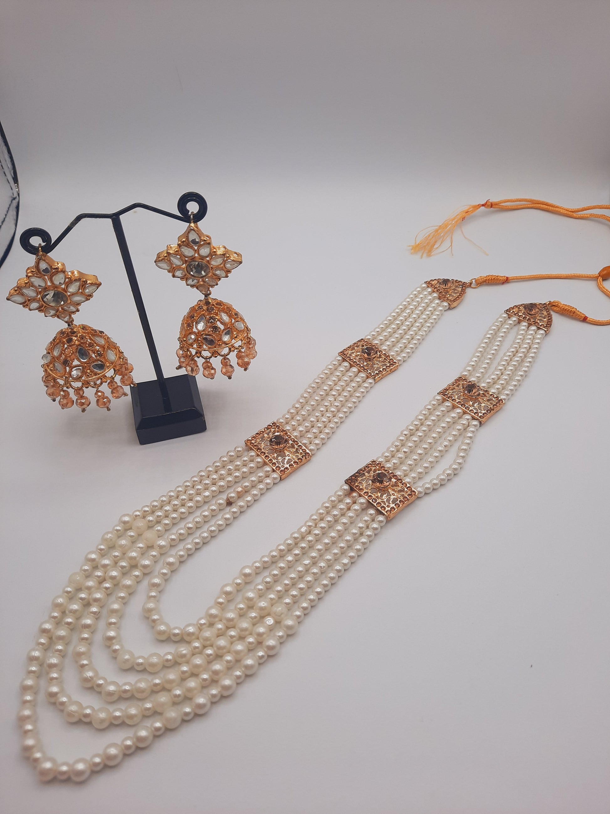 Nauratan style pure white maala with gold plated kundan jhumkas - NATASHAHS