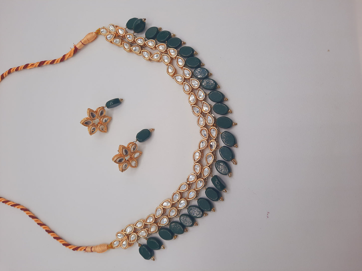 Flower shape gold plated kundan adjustable necklace with earrings in red and green color - NATASHAHS