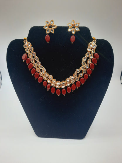 Flower shape gold plated kundan adjustable necklace with earrings in red and green color - NATASHAHS