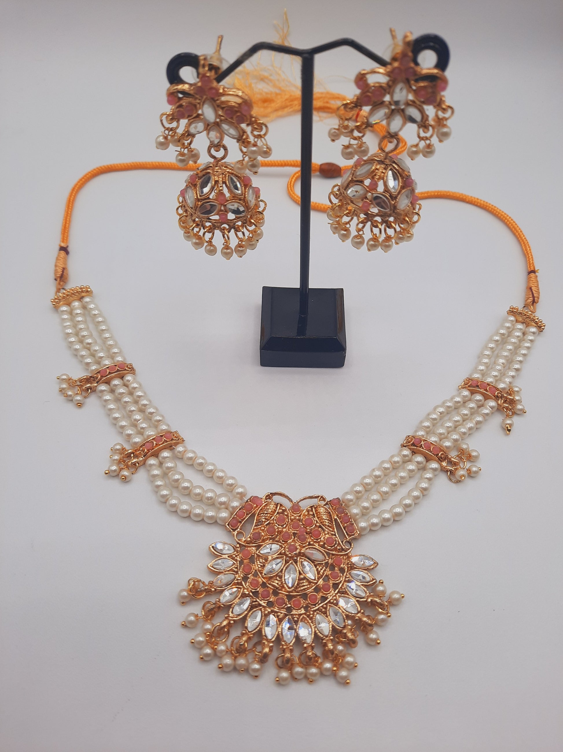 Beautiful custom bridal style necklace set with earrings in white and pink colors - NATASHAHS