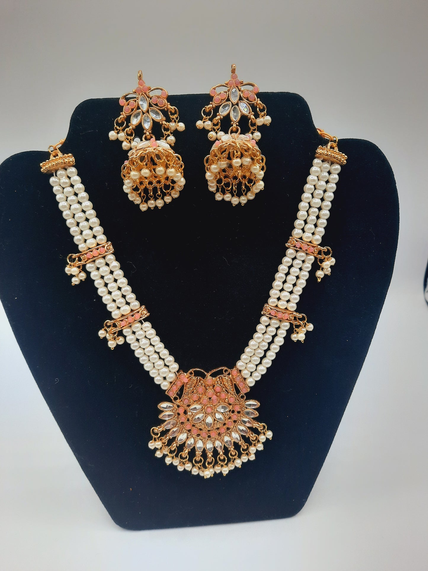 Beautiful custom bridal style necklace set with earrings in white and pink colors - NATASHAHS