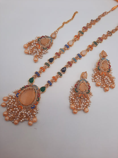 Noratan Kundan maala set with earrings and teeka for modern brides - NATASHAHS