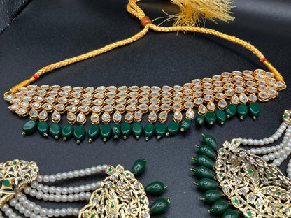 KUNDAN RED PEARLS & STONES GOLD-BASED EARRINGS WITH KUNDAN WORK CHOKER HYDERABADI STYLE JEWELRY SET - NATASHAHS