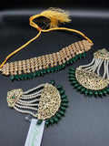 KUNDAN RED PEARLS & STONES GOLD-BASED EARRINGS WITH KUNDAN WORK CHOKER HYDERABADI STYLE JEWELRY SET
