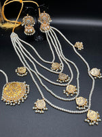 Bridal style kundan long mala with kundan jhumka and kundan teeka