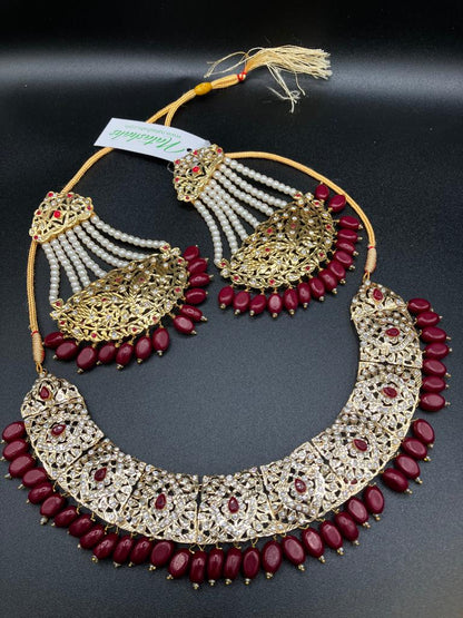 KUNDAN RED PEARLS & STONES GOLD-BASED EARRINGS WITH KUNDAN WORK CHOKER HYDERABADI STYLE JEWELRY SET - NATASHAHS