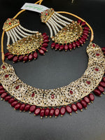KUNDAN RED PEARLS & STONES GOLD-BASED EARRINGS WITH KUNDAN WORK CHOKER HYDERABADI STYLE JEWELRY SET