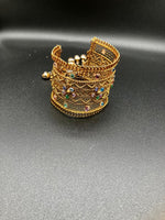 Arabic style Golden Cuff bracelet wide with jadao stones with bells and tassels ringing