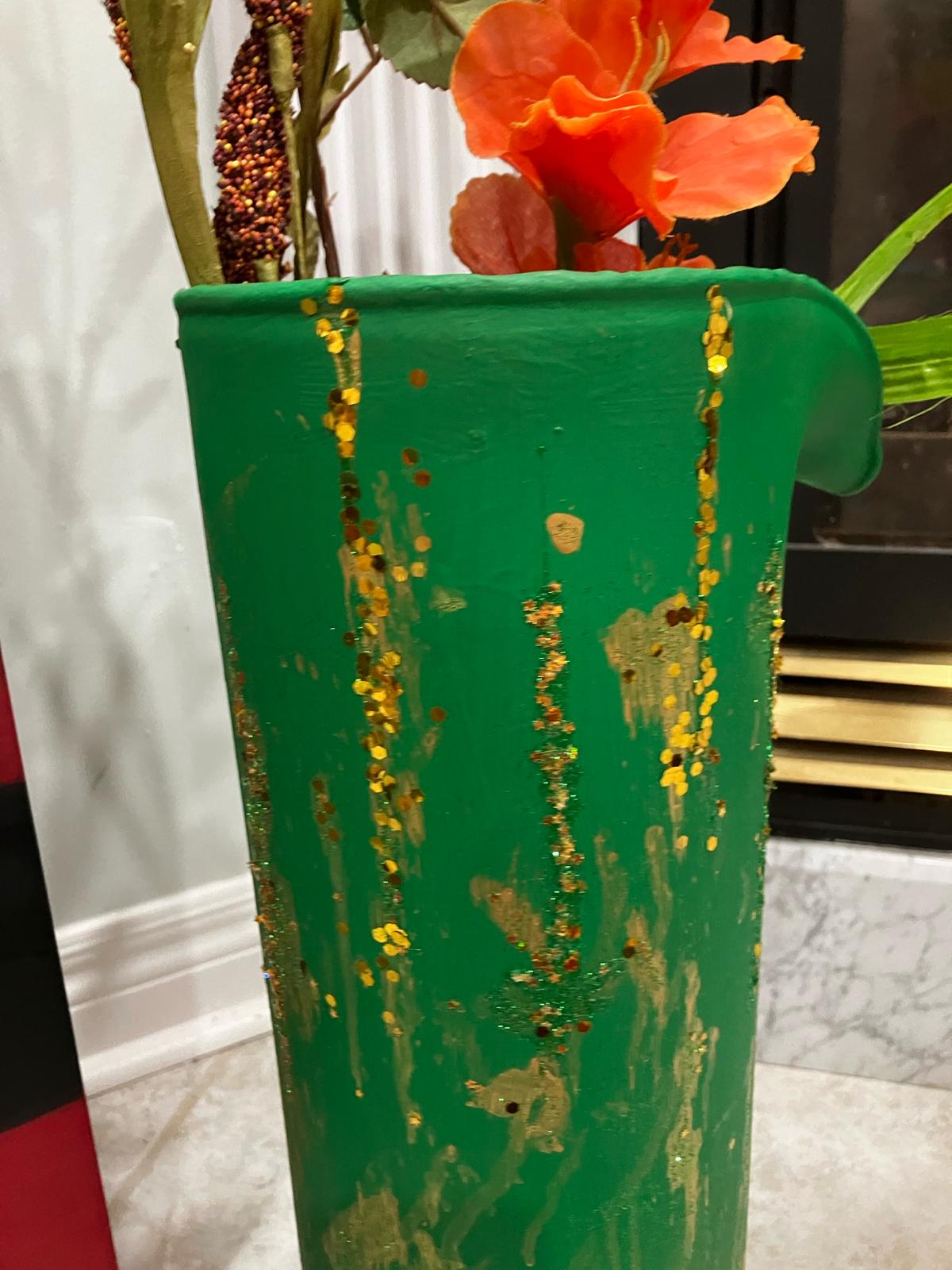 Painted pitcher style glass vase in Green color with sequin and golden print touch - NATASHAHS