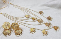 Bridal style kundan long mala with kundan jhumka and kundan teeka