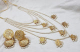 Bridal style kundan long mala with kundan jhumka and kundan teeka