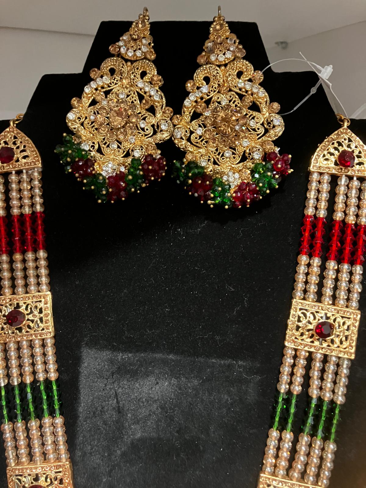 Hyderabadi style Red & Green jewelry set with maala long necklace - NATASHAHS