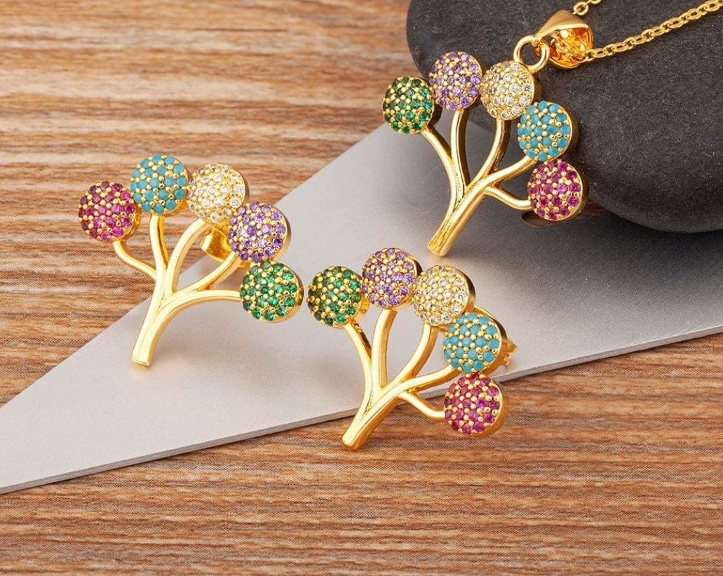 Gold plated multi colored tree of colors pendant  and earrings set - NATASHAHS