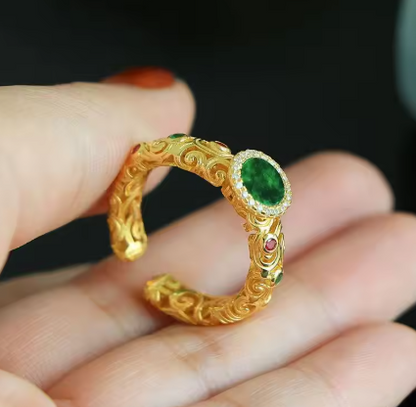 Natural Hetian Jasper jade exquisite Ancient gold craftsmanship Court style rings for women high-grade Retro classic jewelry - NATASHAHS