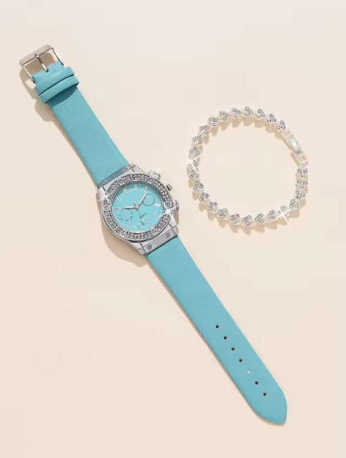 2pcs Luxury Fashion Women Watch Set Colourful PU Leather Strap Ladies Quartz Wristwatch Alloy Bracelet For Ladies Gift