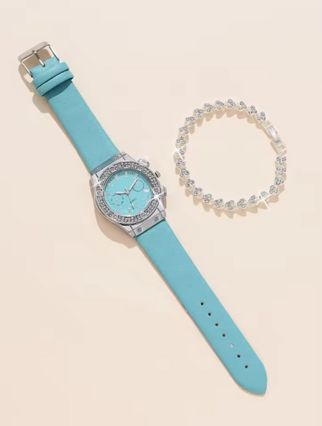2pcs Luxury Fashion Women Watch Set Colourful PU Leather Strap Ladies Quartz Wristwatch Alloy Bracelet For Ladies Gift