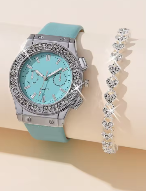 2pcs Luxury Fashion Women Watch Set Colourful PU Leather Strap Ladies Quartz Wristwatch Alloy Bracelet For Ladies Gift