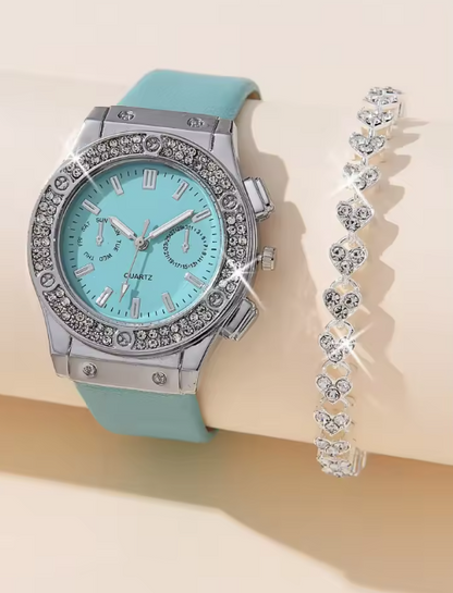 2pcs Luxury Fashion Women Watch Set Colourful PU Leather Strap Ladies Quartz Wristwatch Alloy Bracelet For Ladies Gift