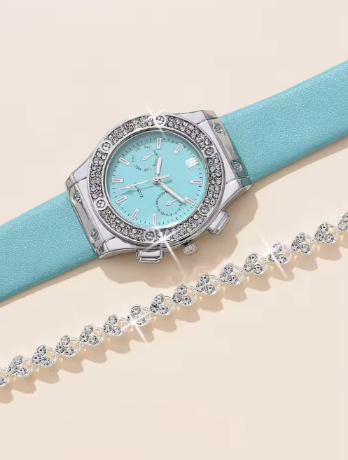 2pcs Luxury Fashion Women Watch Set Colourful PU Leather Strap Ladies Quartz Wristwatch Alloy Bracelet For Ladies Gift