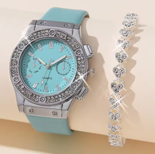 2pcs Luxury Fashion Women Watch Set Colourful PU Leather Strap Ladies Quartz Wristwatch Alloy Bracelet For Ladies Gift