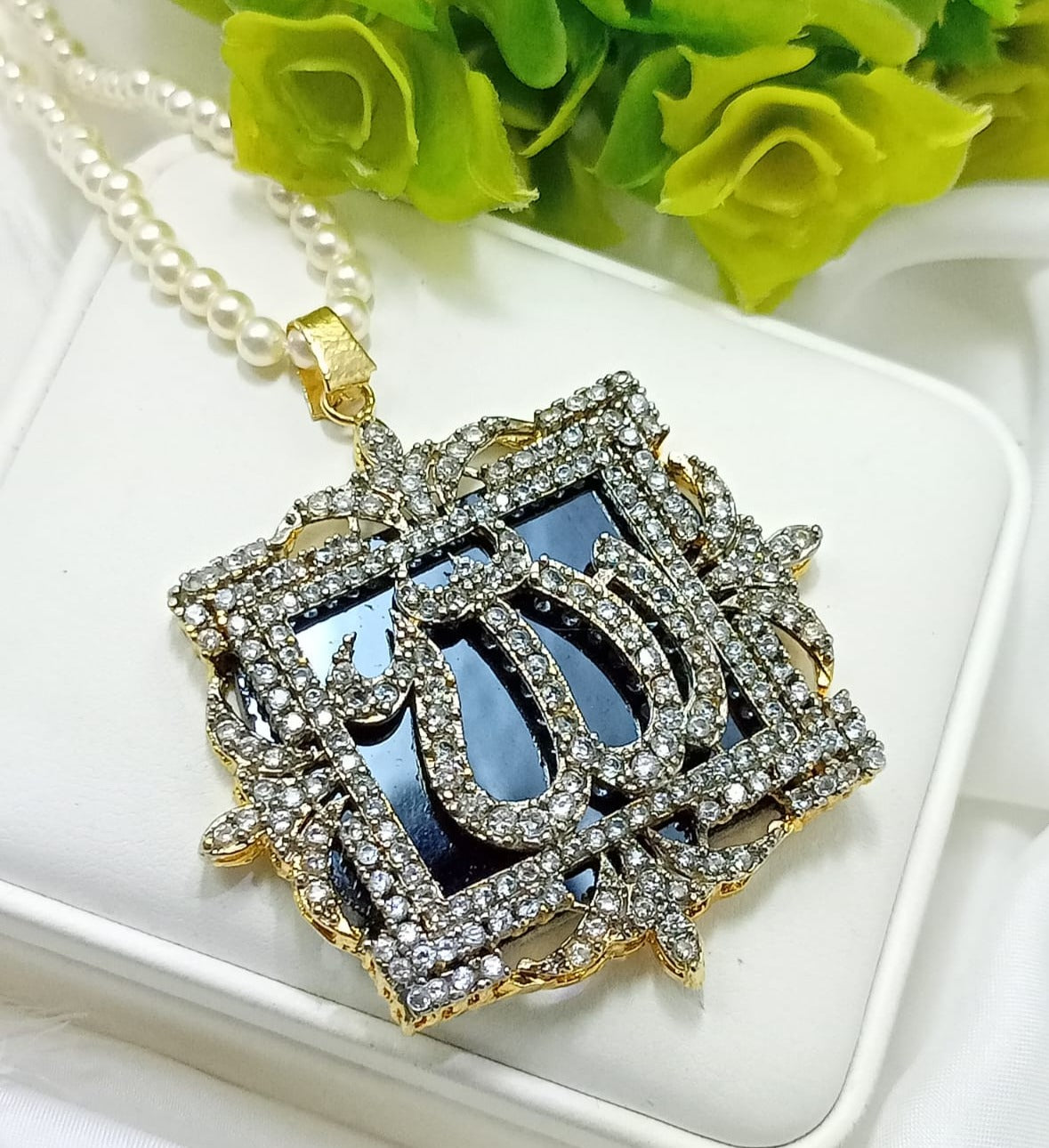 Allah name calligraphy pendant with pearl necklace - NATASHAHS