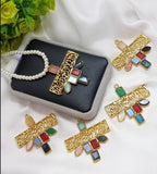 kalima calligraphy pendant with pearl necklace and semi precious stones