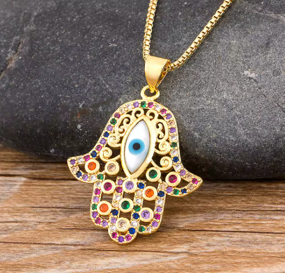18k real gold plated Luxury Micro Pave Zircon Alam hand Of Fatima pendant - NATASHAHS